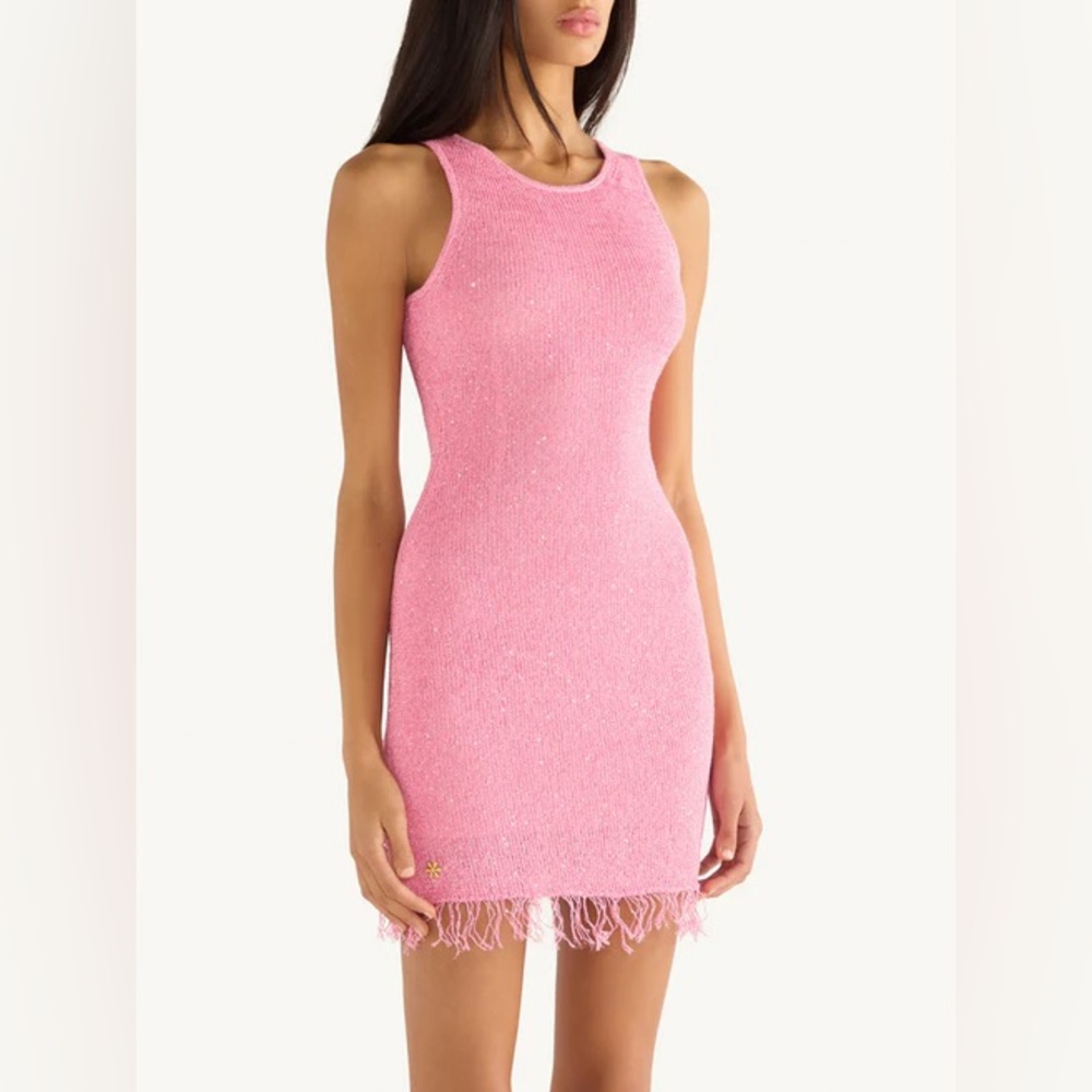Natalia Mini Dress - Azalea Sequin, Pink Sleeveless Knit Dress with Fringe Hem